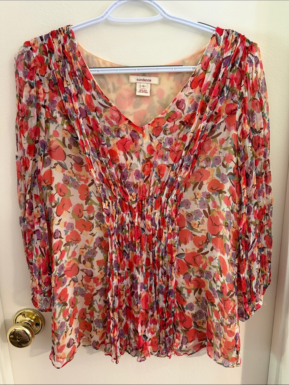 Sundance Coral Red Multi Floral Sheer V-Neck Blouse